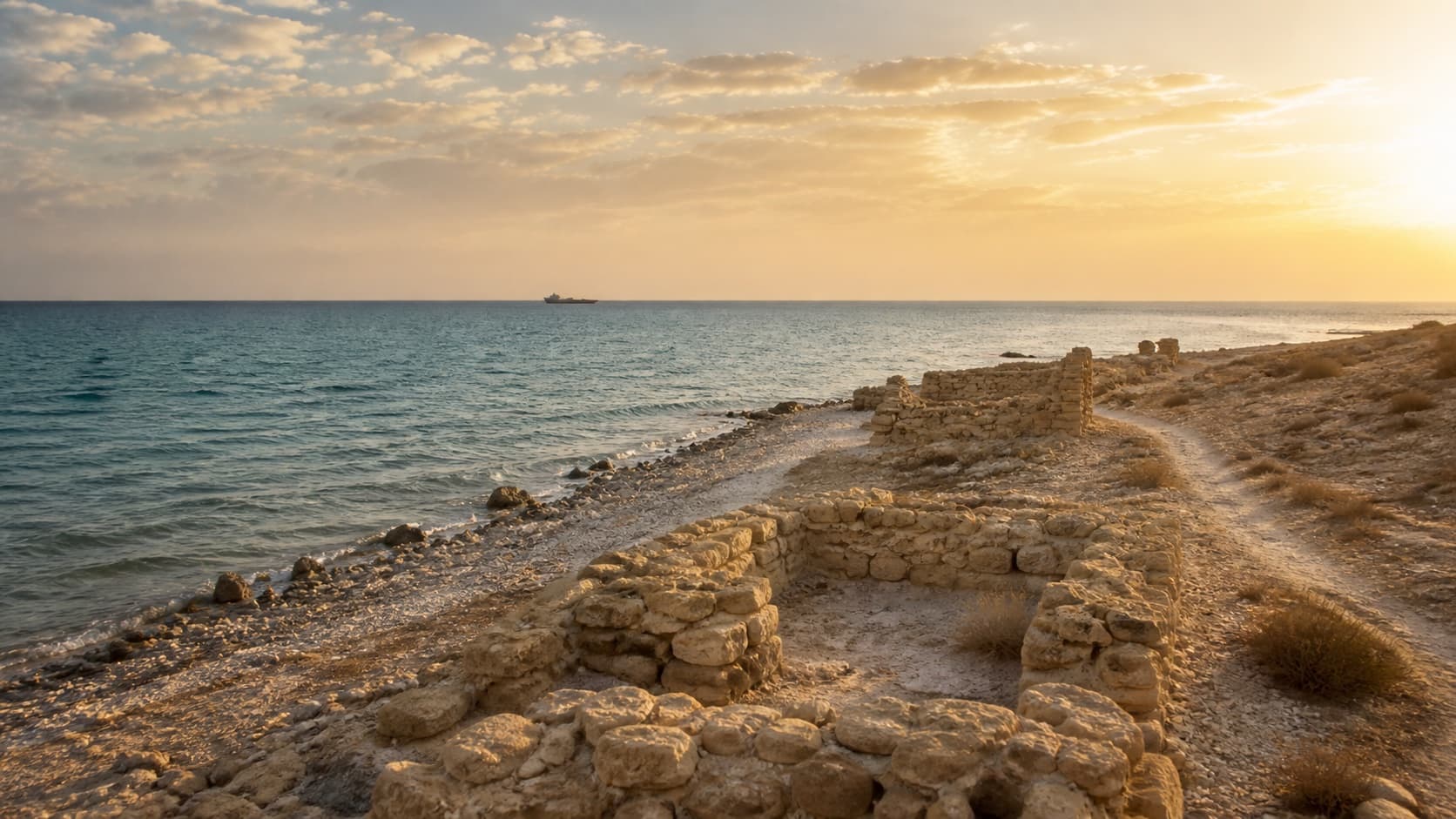 AI-generated golden-hour coast and ruins inspired by Failaka Island