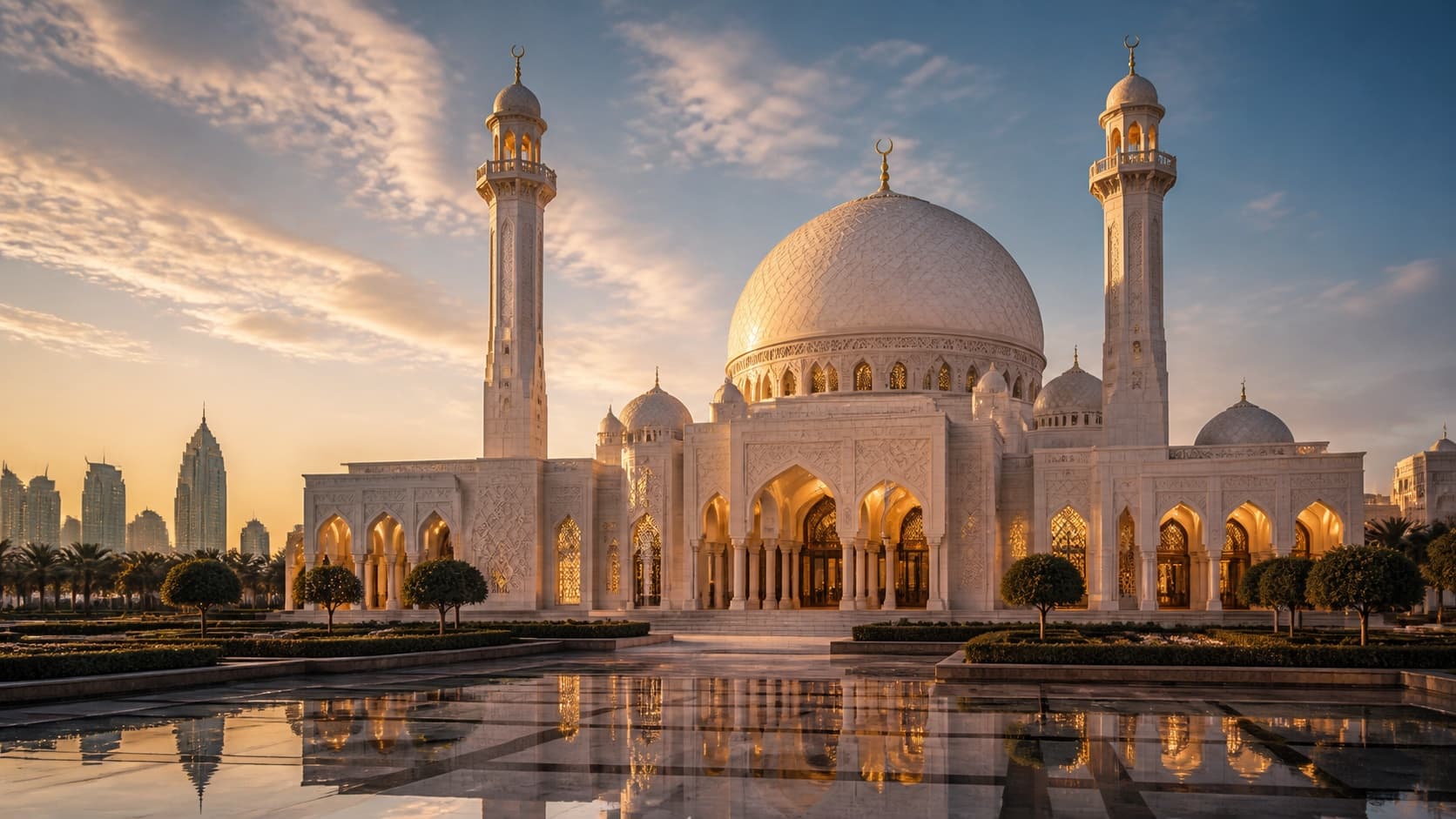 AI-generated golden-hour view inspired by the Grand Mosque of Kuwait