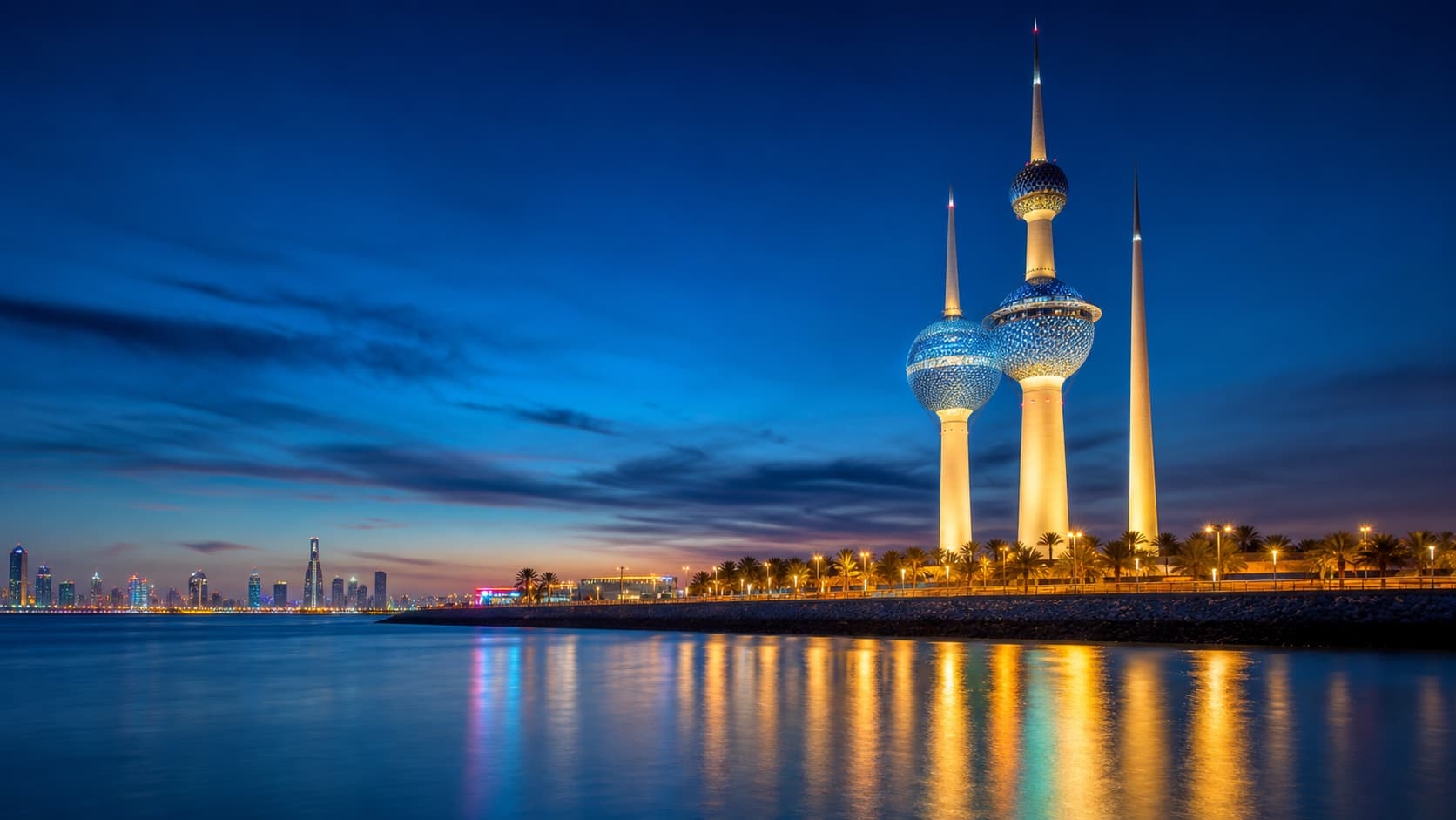 AI-generated cinematic view of Kuwait Towers glowing beside the Arabian Gulf