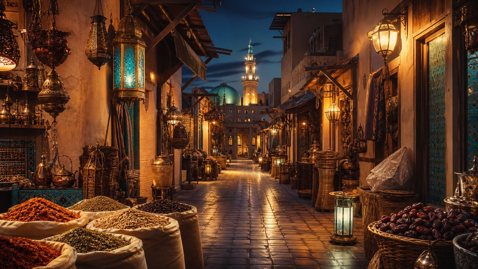 AI-generated cinematic heritage market lane inspired by Souq Al-Mubarakiya